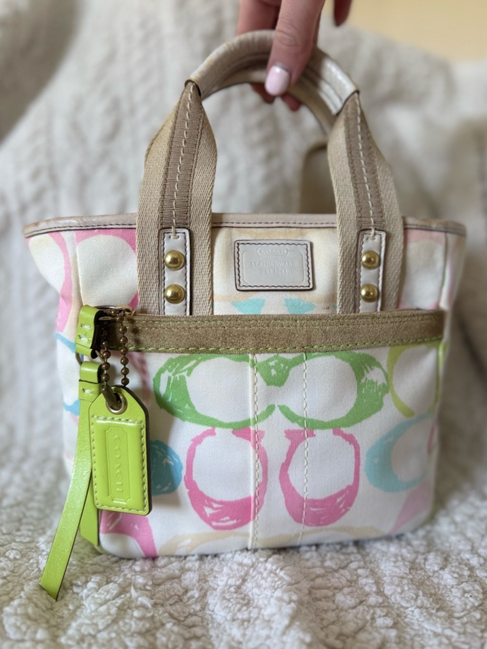 Y2K Vintage Coach Hampton Signature Multicolor Spring Pastel Scribble Mini Tote